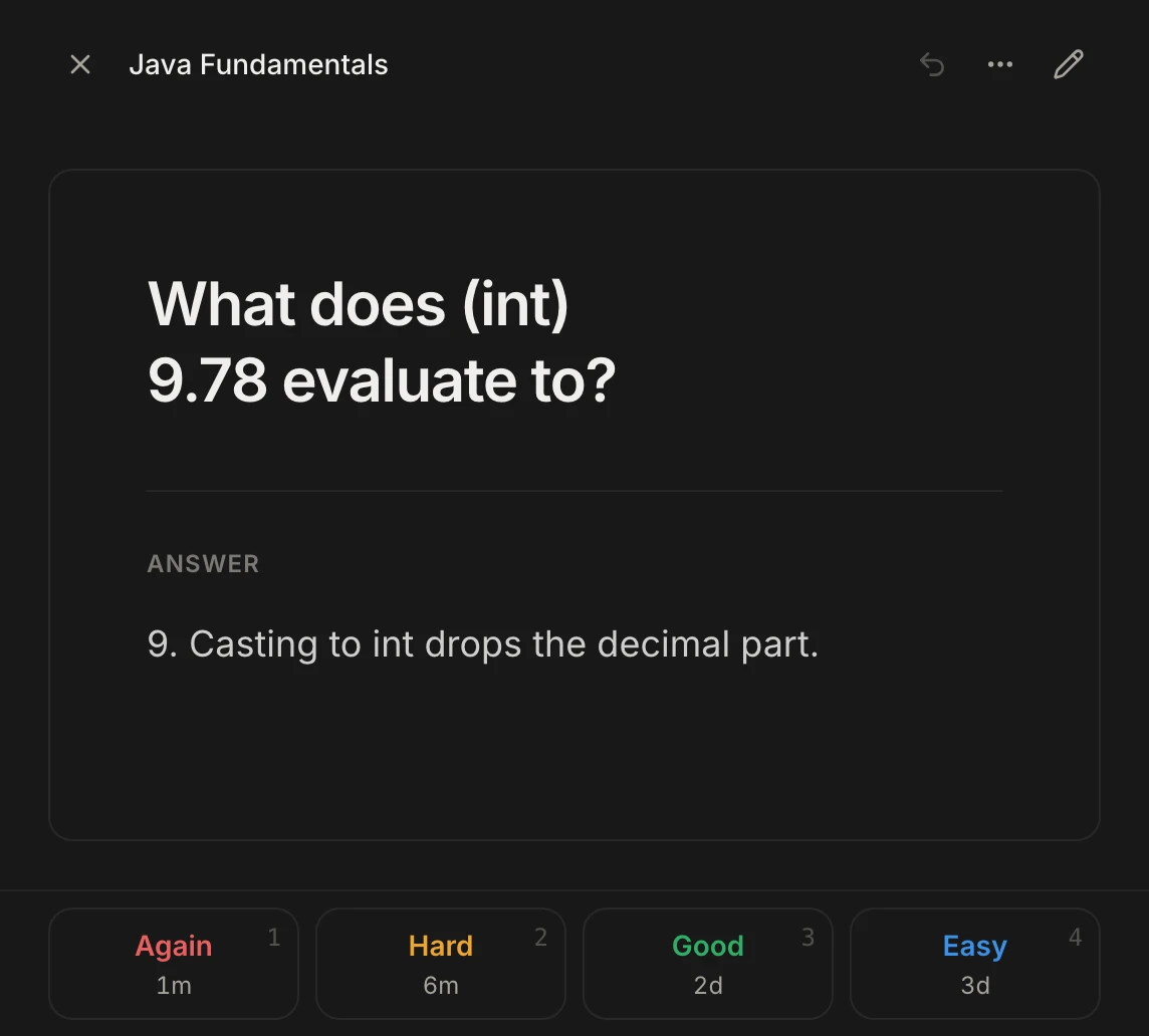 Reviewing a Java flashcard with its answer shown and the Again, Hard, Good and Easy ratings below