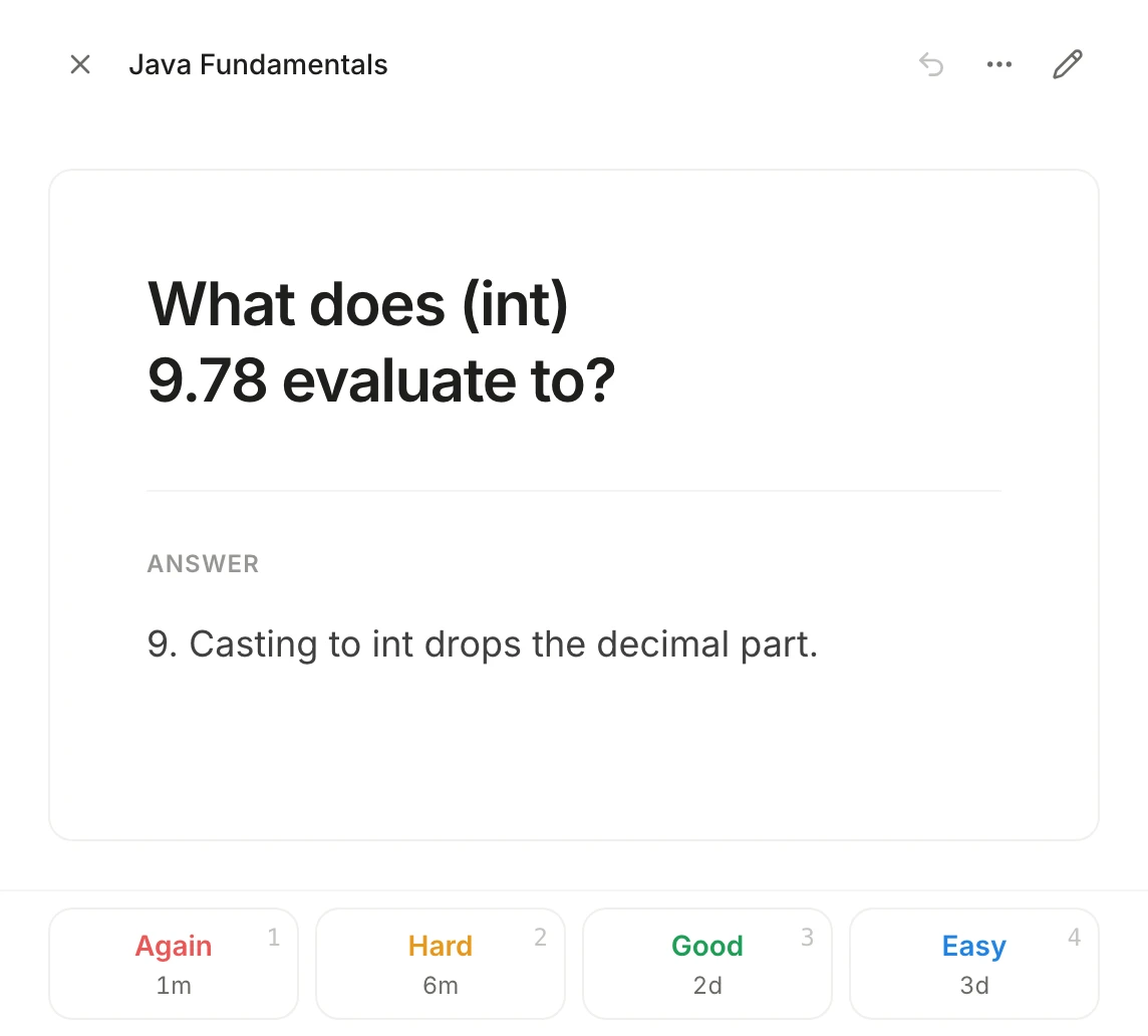 Reviewing a Java flashcard with its answer shown and the Again, Hard, Good and Easy ratings below
