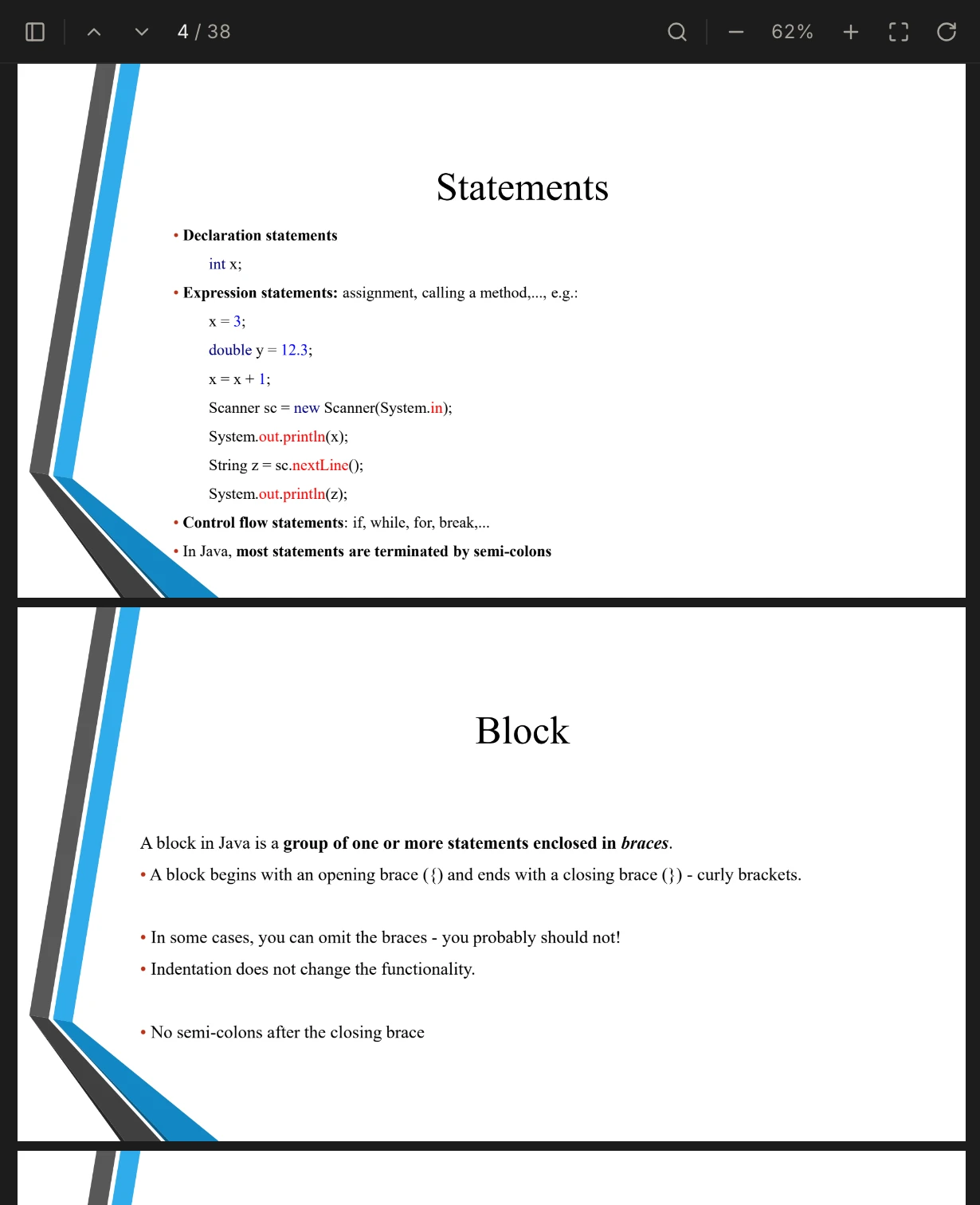 Java lecture slides open in the Student OS reader at page 4