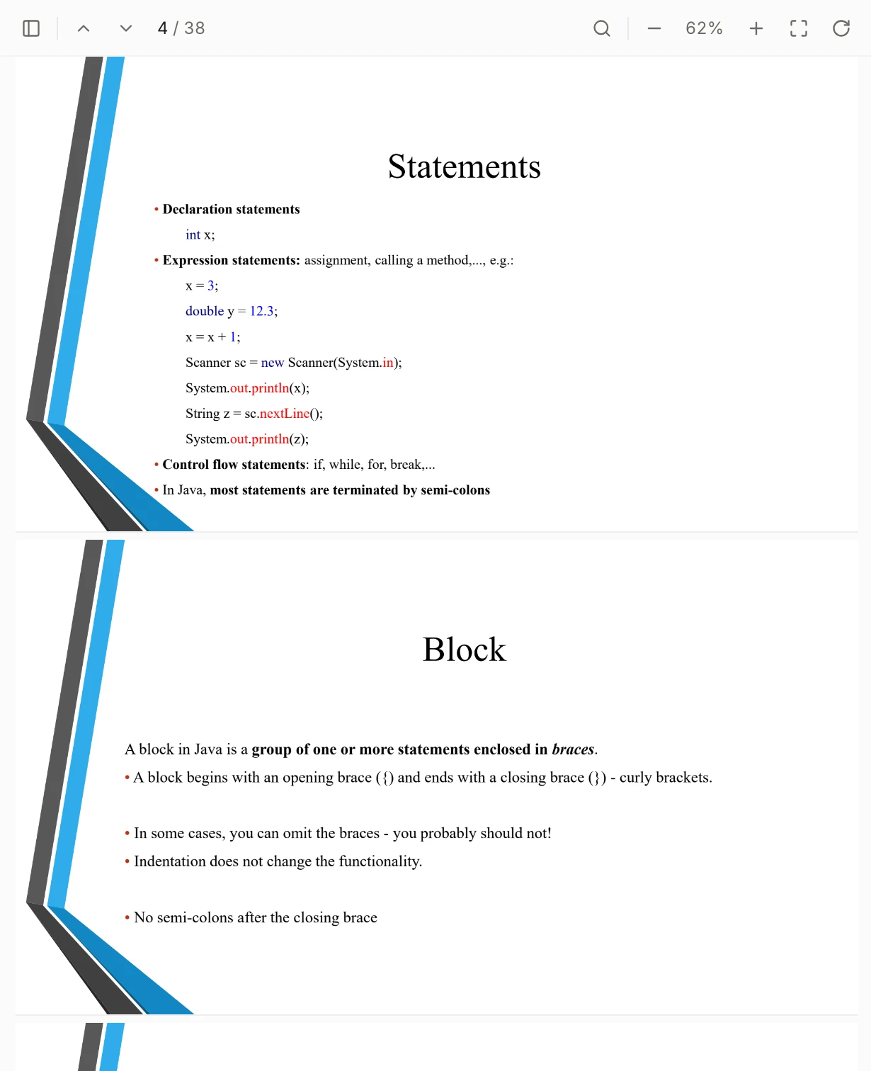 Java lecture slides open in the Student OS reader at page 4