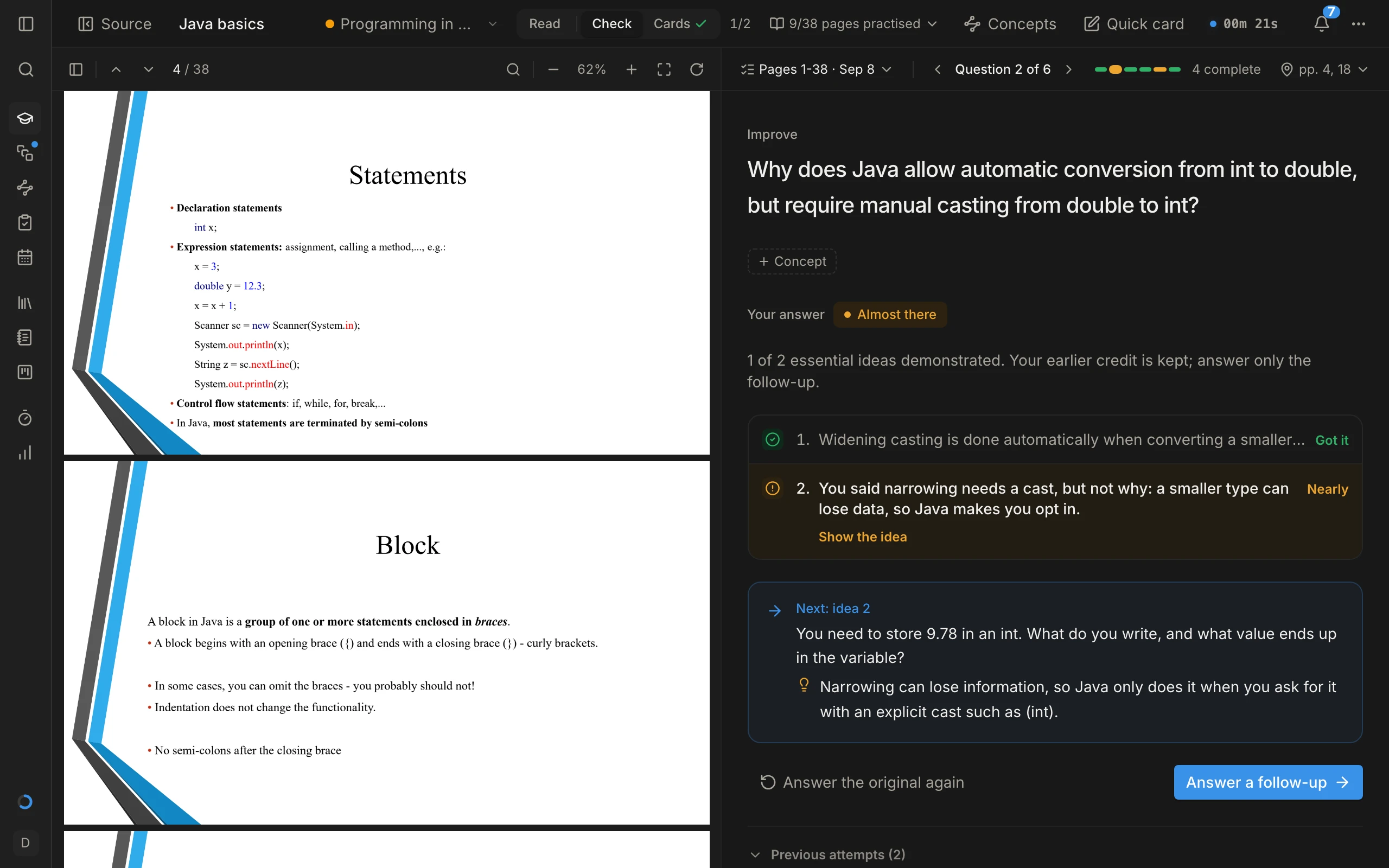 A Student OS study session: Java lecture slides on the left, and on the right a question with feedback on each idea of the student's answer and a follow-up question