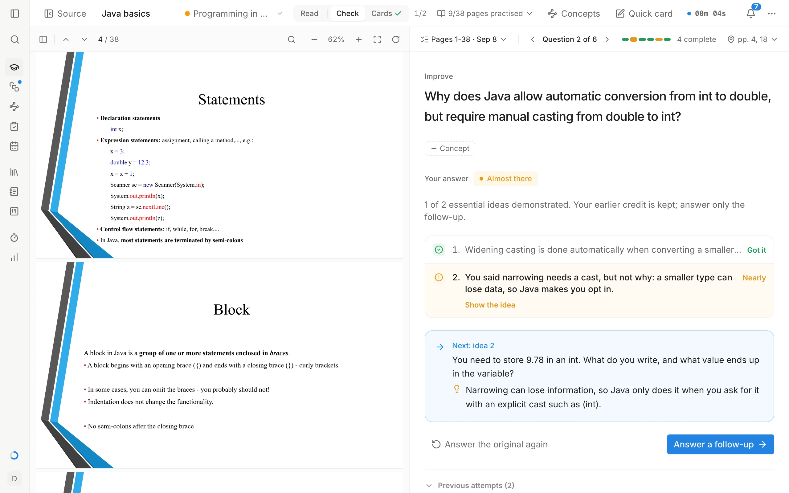 A Student OS study session: Java lecture slides on the left, and on the right a question with feedback on each idea of the student's answer and a follow-up question